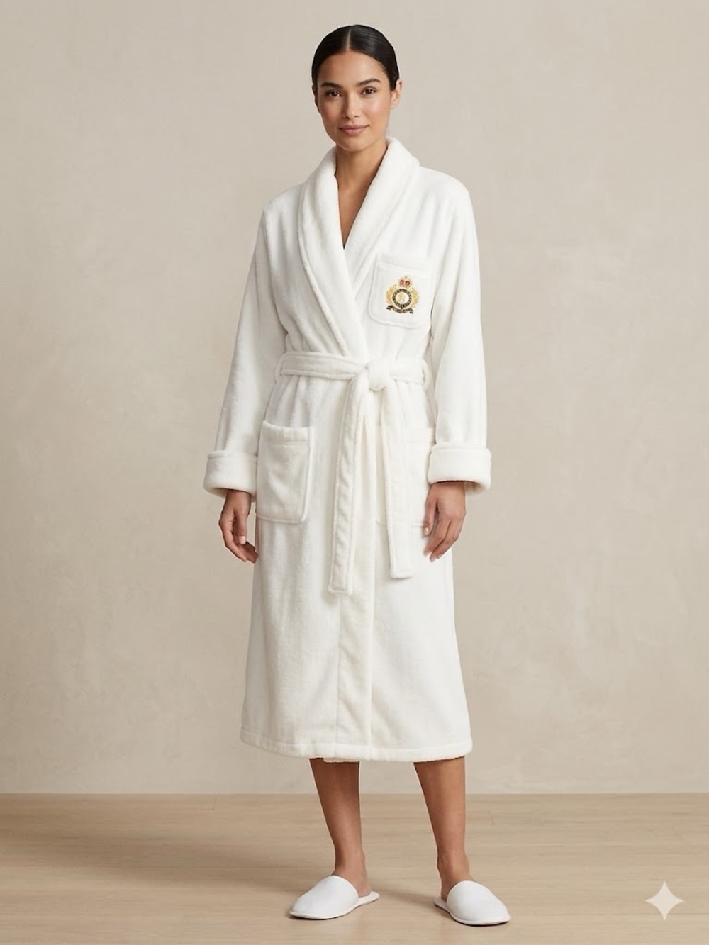Lauren Ralph Lauren White Plush Shawl-Collar Robe with Crest